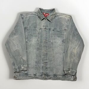 Clench Mens Faded Blue Y2K Classic Button Front Denim Jacket Grunge Size 2XL